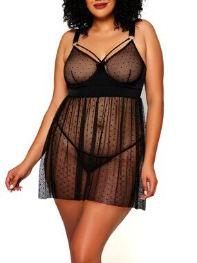 ICollection Plus Size Tania Soft Satin Lux Chemise 2pc Lingerie Set - Black 2X